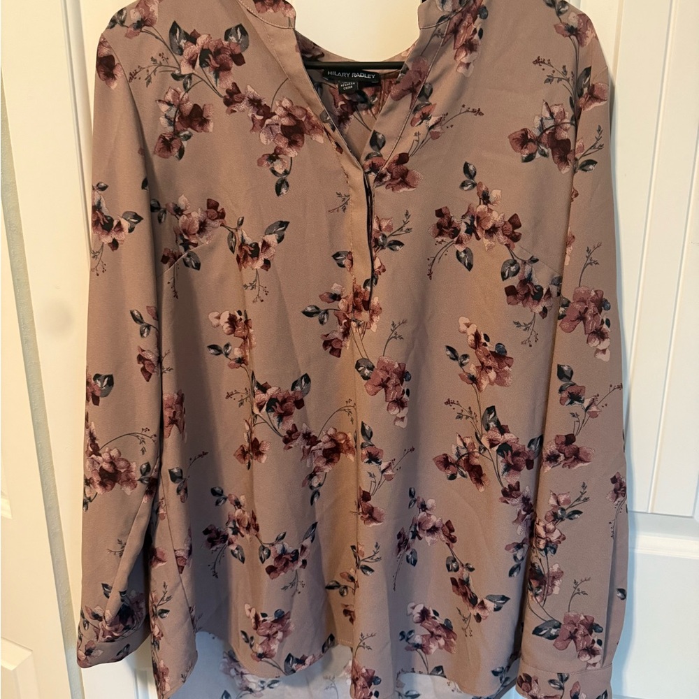 Hilary Radley Tan Blouse with Ruffled Long Sleeves and Mandarin Collar